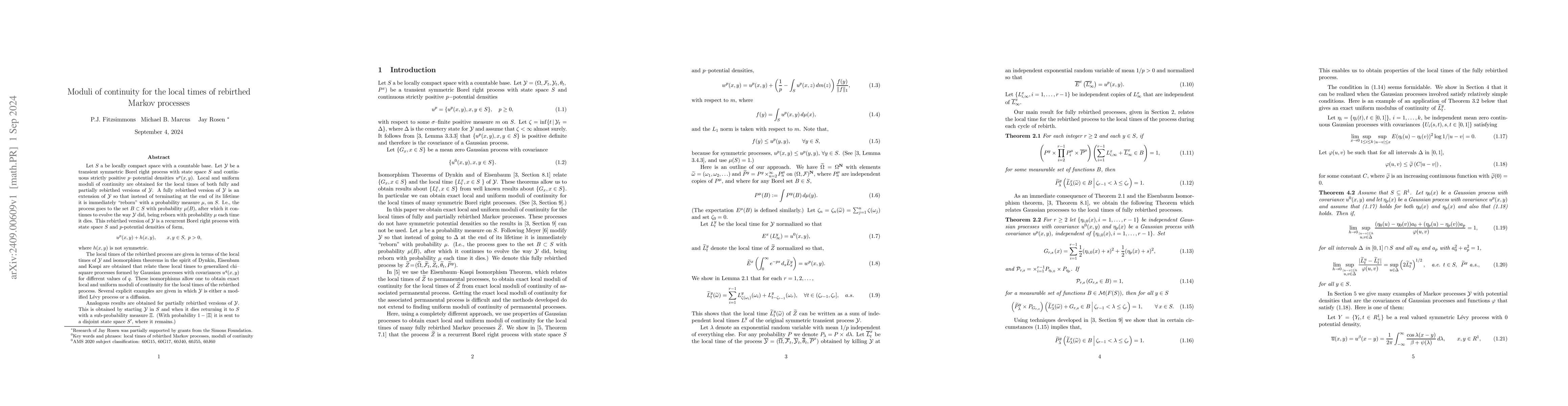 Thumbnail for Moduli of continuity for the local times of rebirthed Markov processes