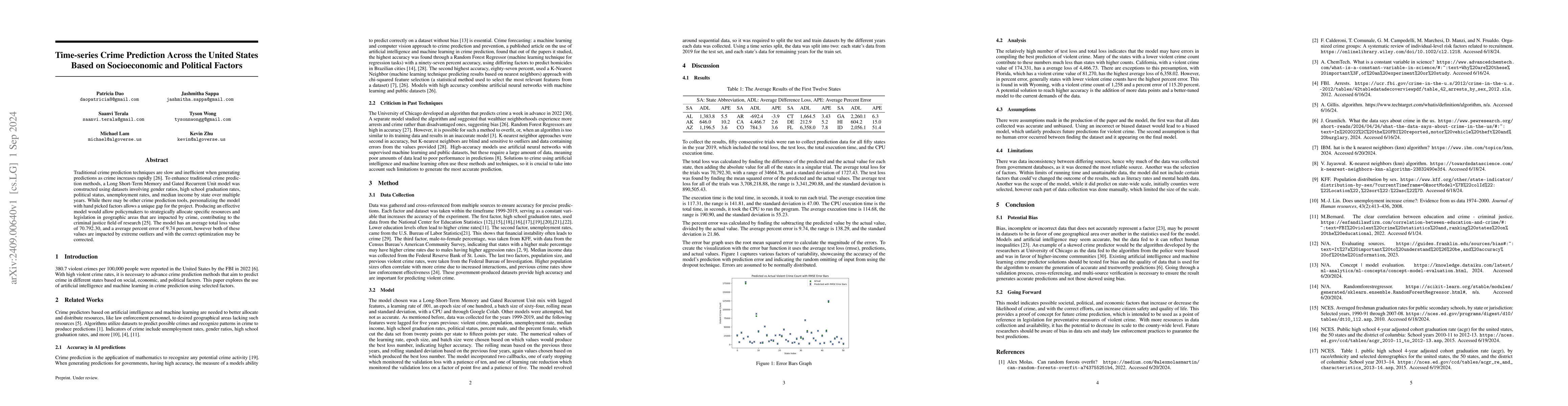 Thumbnail for Time-series Crime Prediction Across the United States Based on
  Socioeconomic and Political Factors