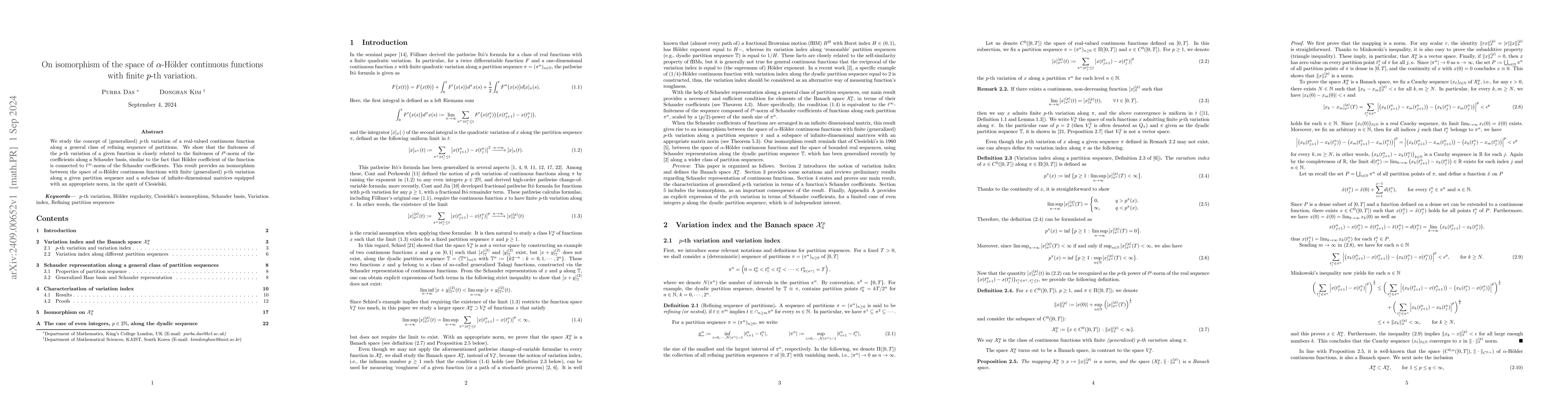 Thumbnail for On isomorphism of the space of $α$-Hölder continuous functions
  with finite $p$-th variation