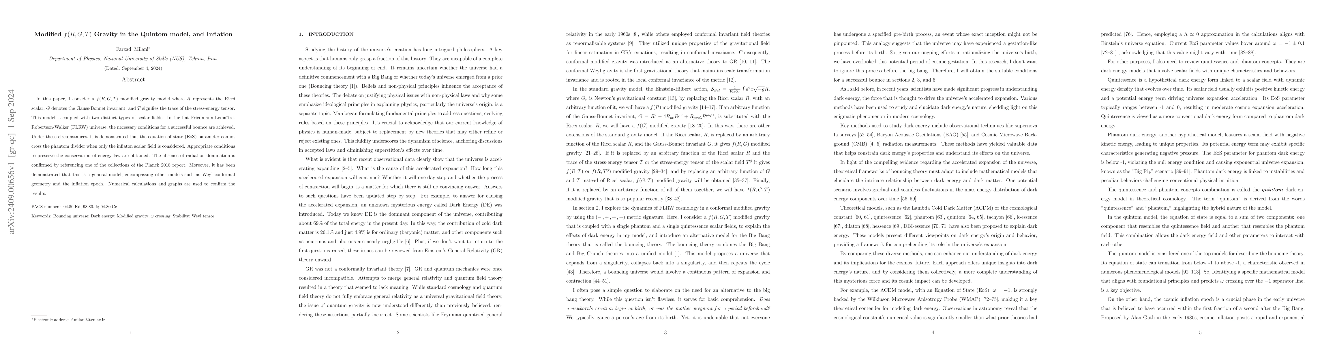 Thumbnail for Modified $f(R,G,T)$ Gravity in the Quintom model, and Inflation