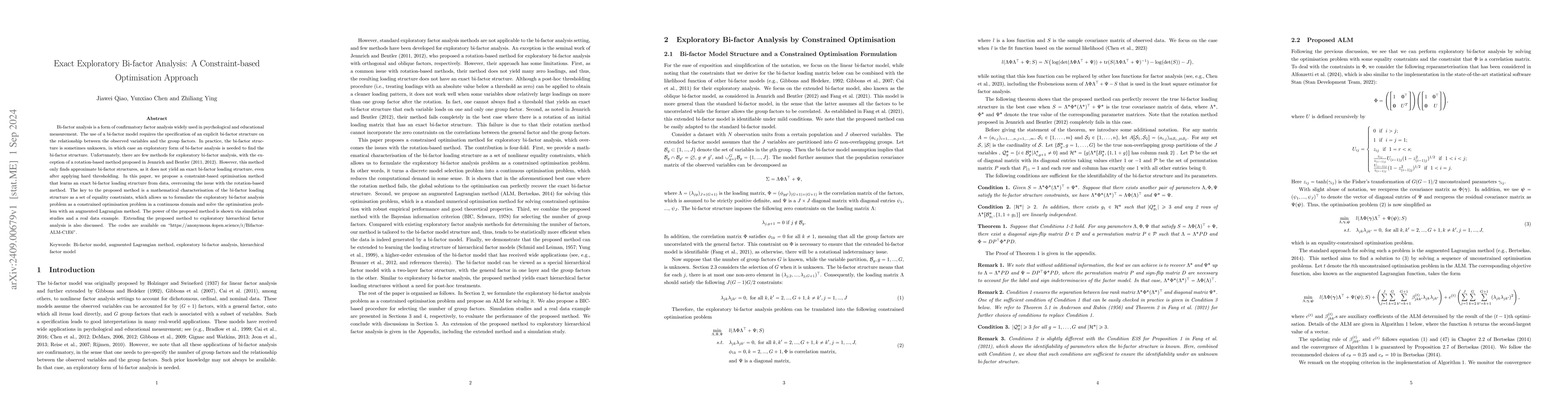 Thumbnail for Exact Exploratory Bi-factor Analysis: A Constraint-based Optimisation
  Approach
