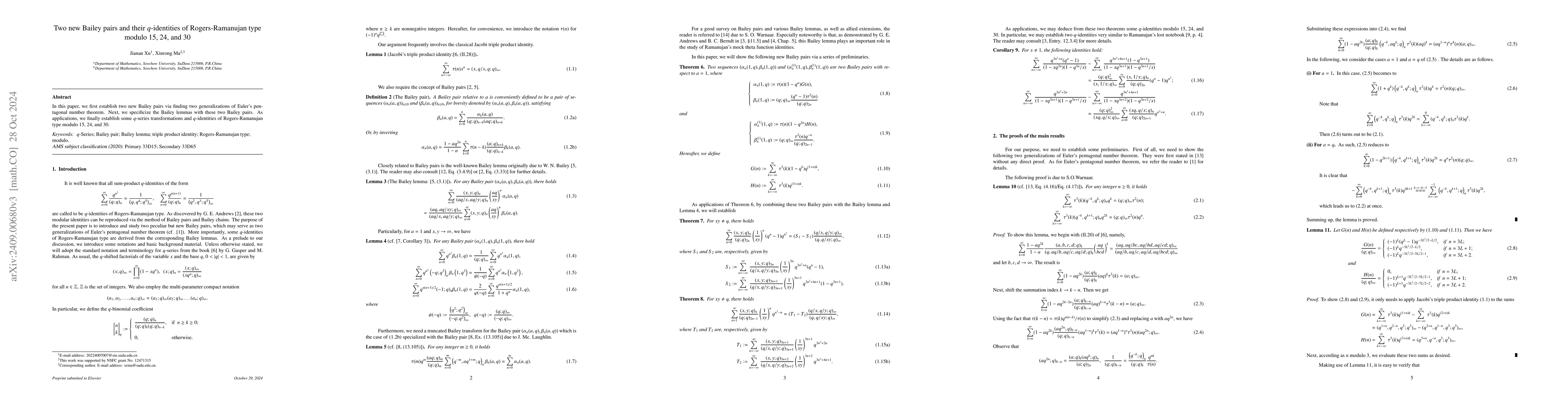 Thumbnail for Two new Bailey pairs and their $q$-identities of Rogers-Ramanujan type
  modulo 15, 24, and 30