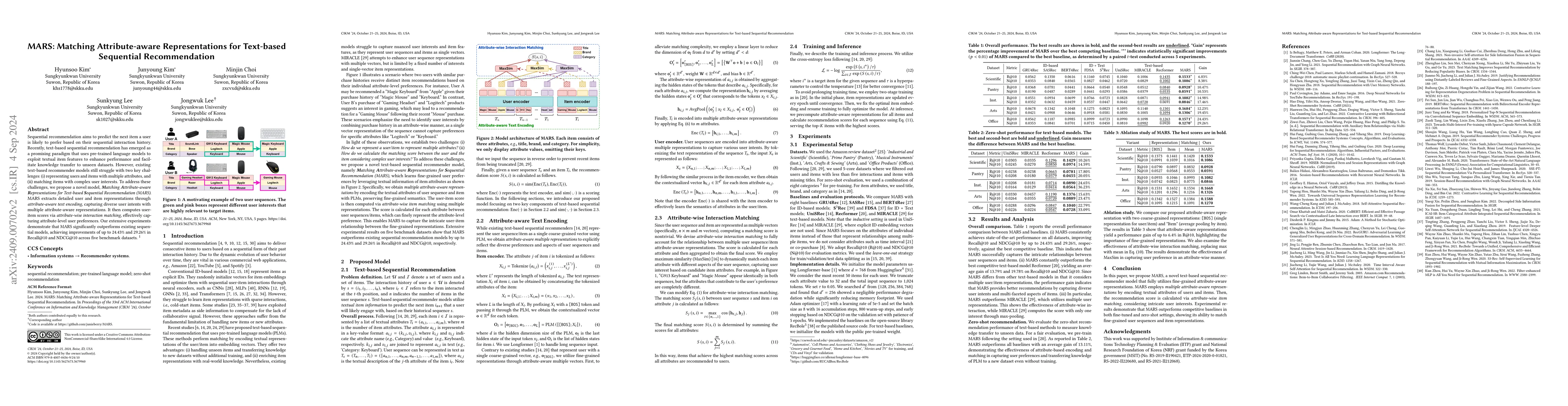 Thumbnail for MARS: Matching Attribute-aware Representations for Text-based Sequential
  Recommendation