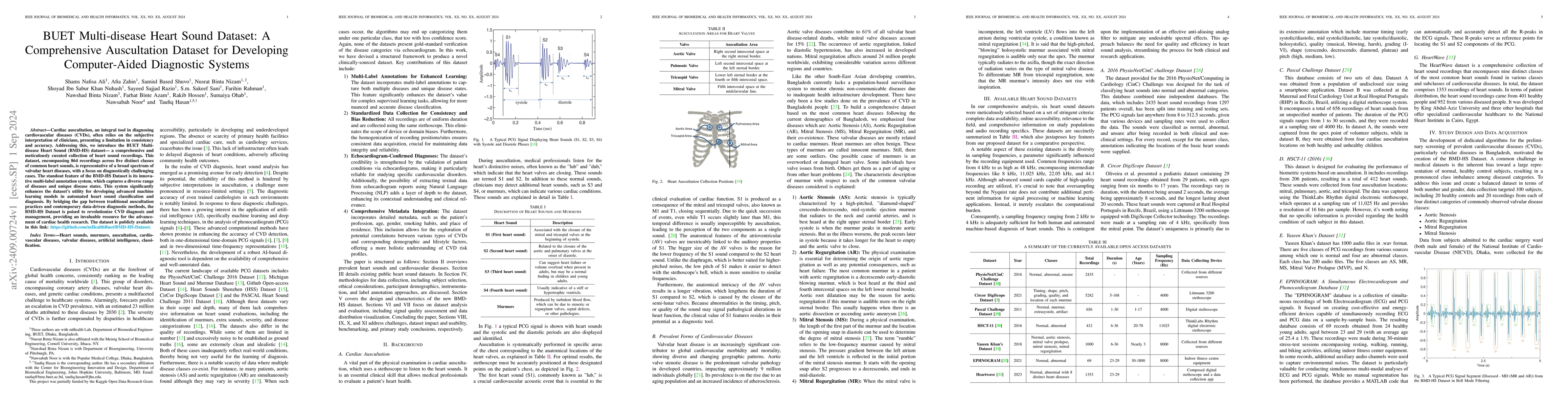 Thumbnail for BUET Multi-disease Heart Sound Dataset: A Comprehensive Auscultation
  Dataset for Developing Computer-Aided Diagnostic Systems