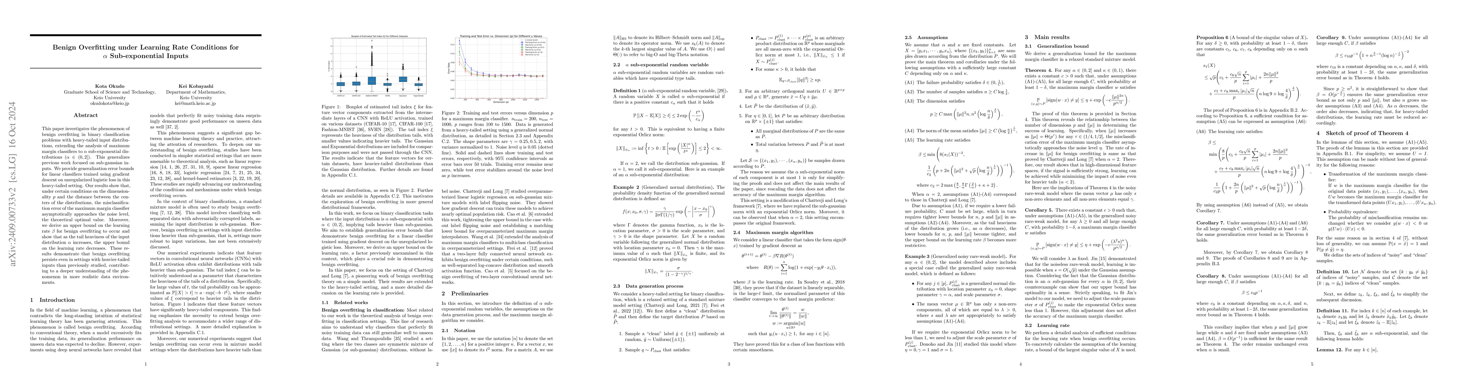 Thumbnail for Benign Overfitting for $α$ Sub-exponential Input