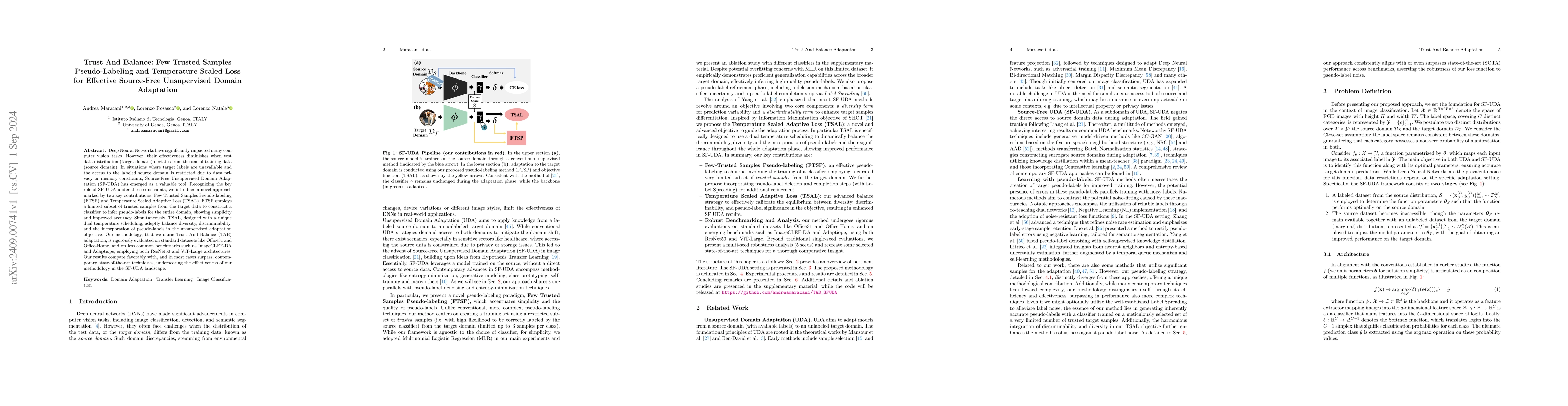 Thumbnail for Trust And Balance: Few Trusted Samples Pseudo-Labeling and Temperature
  Scaled Loss for Effective Source-Free Unsupervised Domain Adaptation