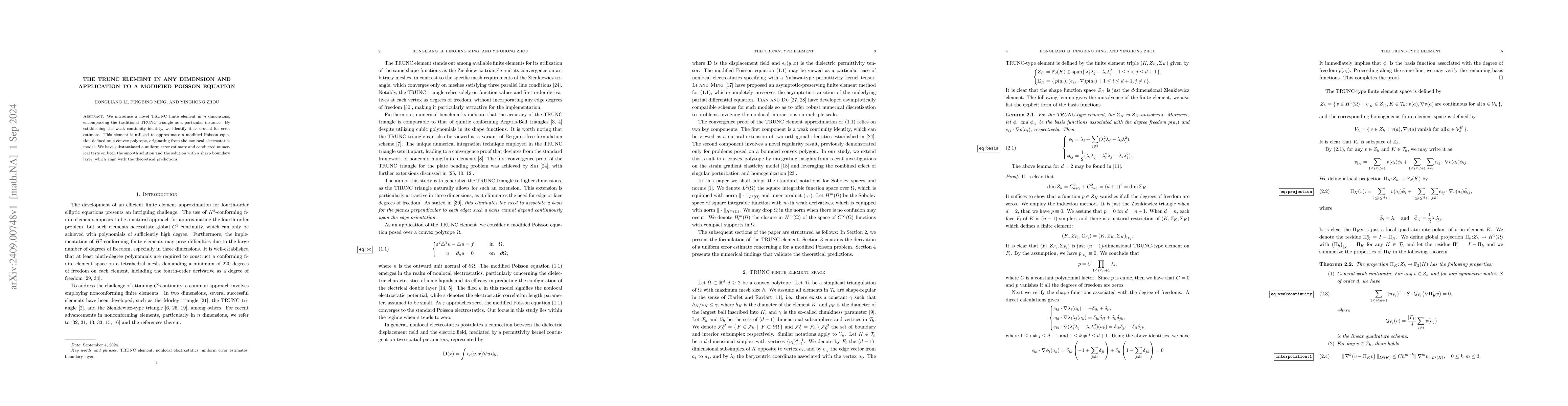 Thumbnail for The TRUNC element in any dimension and application to a modified Poisson
  equation