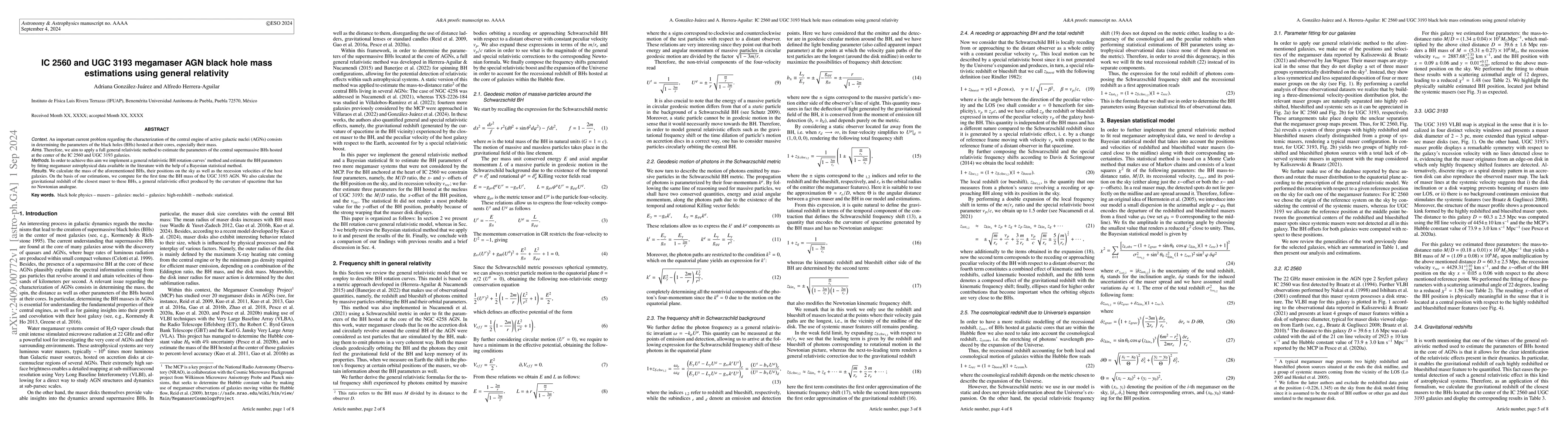 Thumbnail for IC 2560 and UGC 3193 megamaser AGN black hole mass estimations using
  general relativity