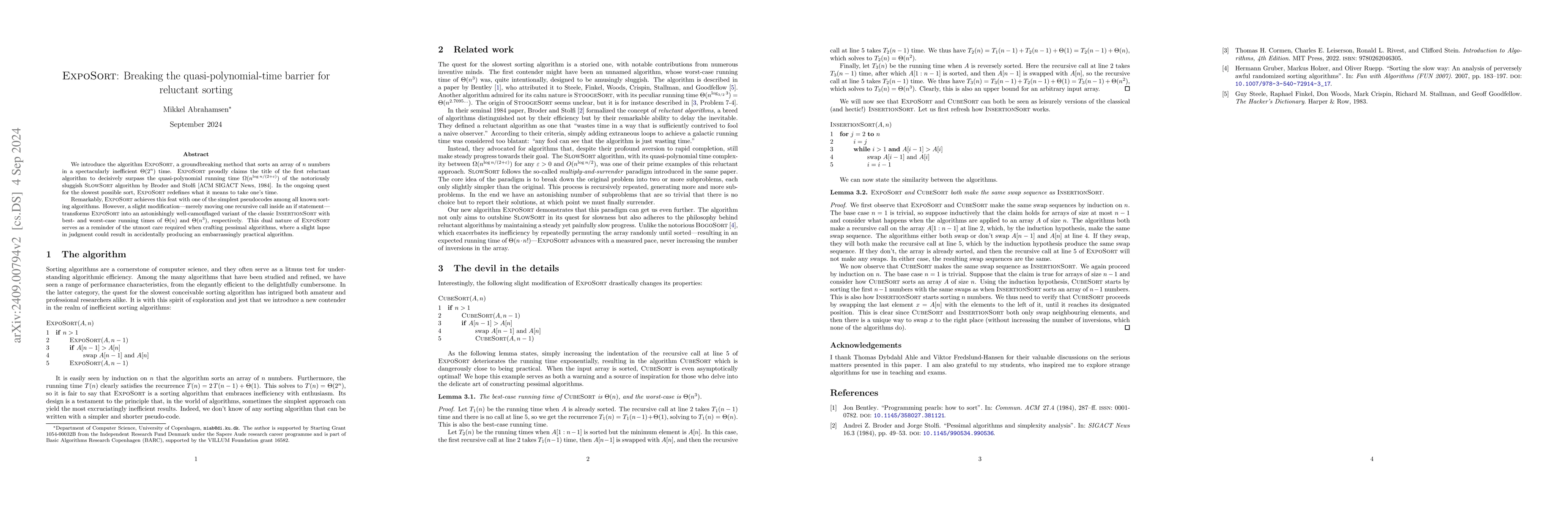 Thumbnail for ExpoSort: Breaking the quasi-polynomial-time barrier for reluctant
  sorting