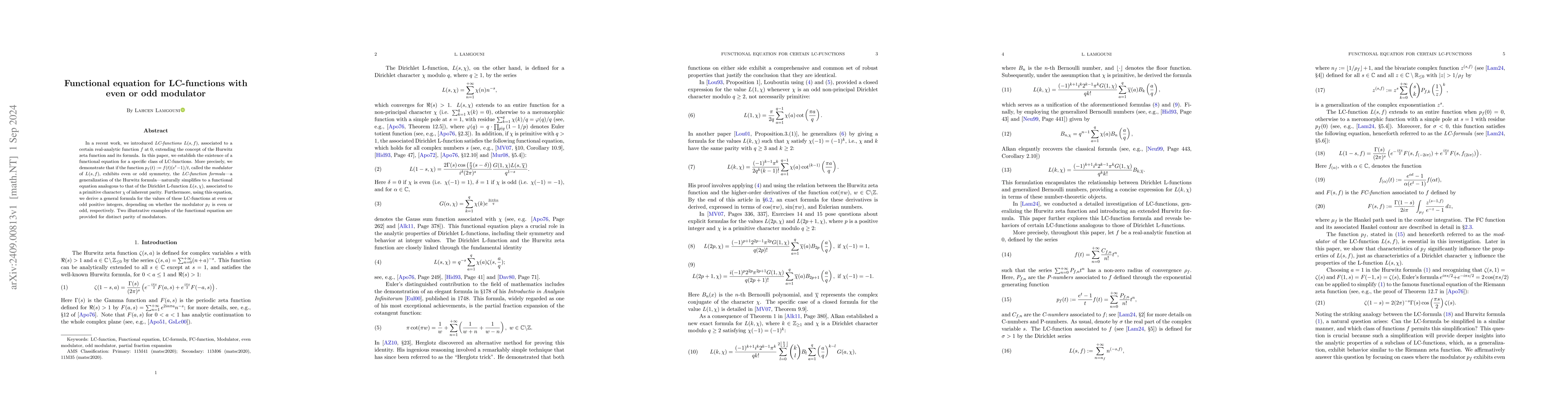 Thumbnail for Functional equation for LC-functions with even or odd modulator