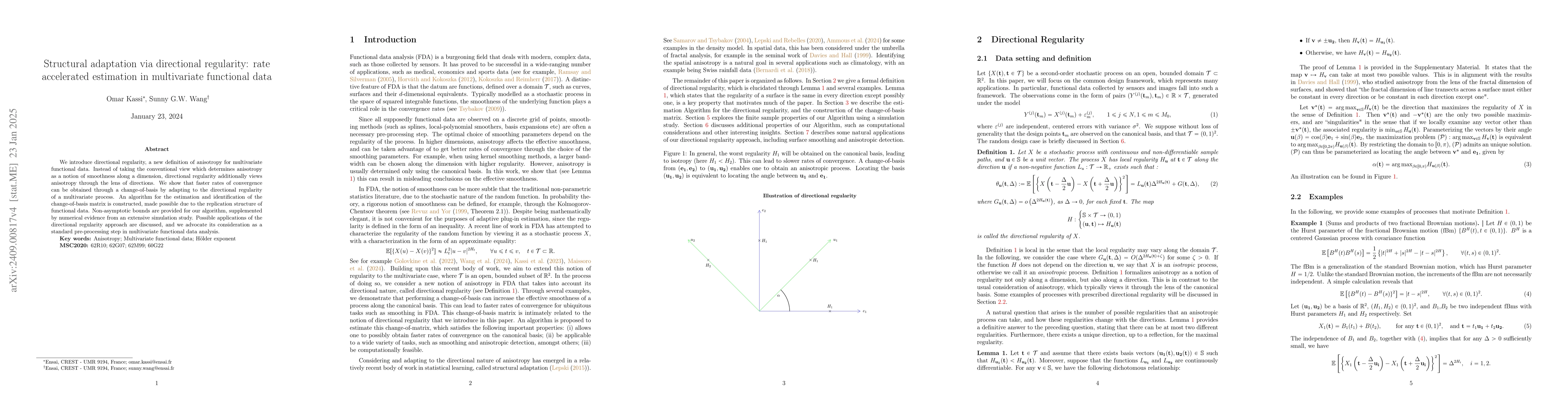Thumbnail for Structural adaptation via directional regularity: rate accelerated
  estimation in multivariate functional data