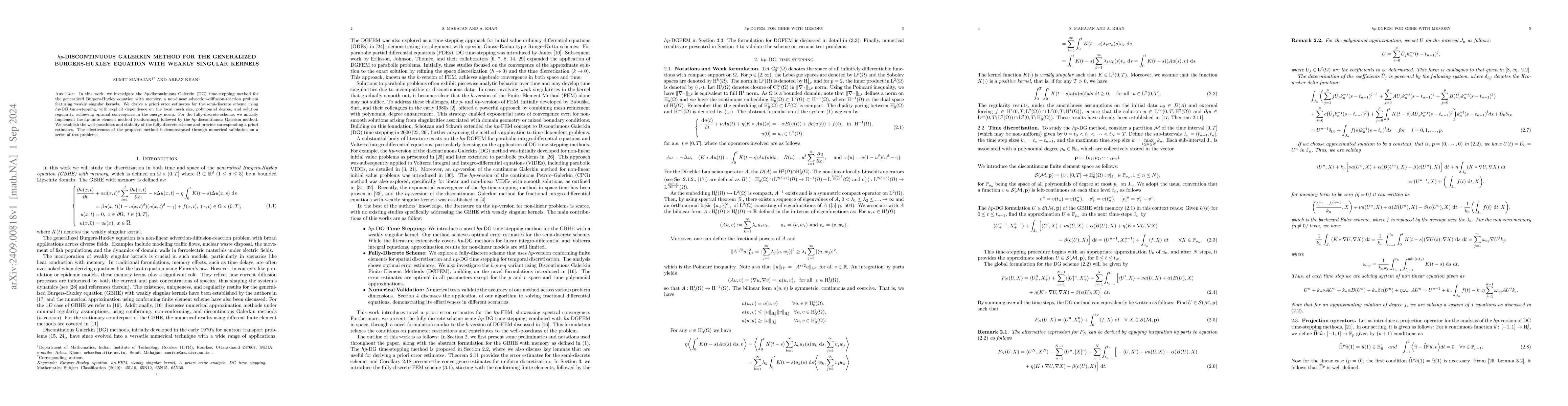 Thumbnail for hp-discontinuous Galerkin method for the generalized Burgers-Huxley
  equation with weakly singular kernels