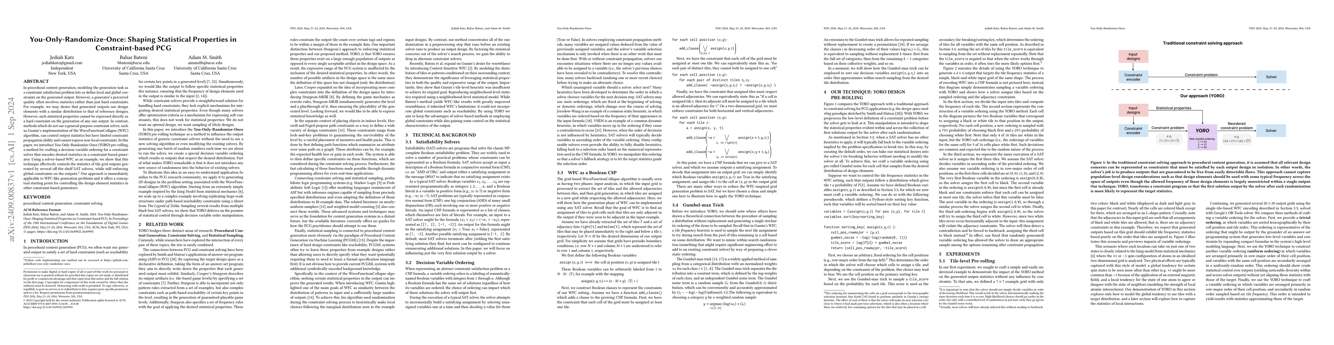Thumbnail for You-Only-Randomize-Once: Shaping Statistical Properties in
  Constraint-based PCG