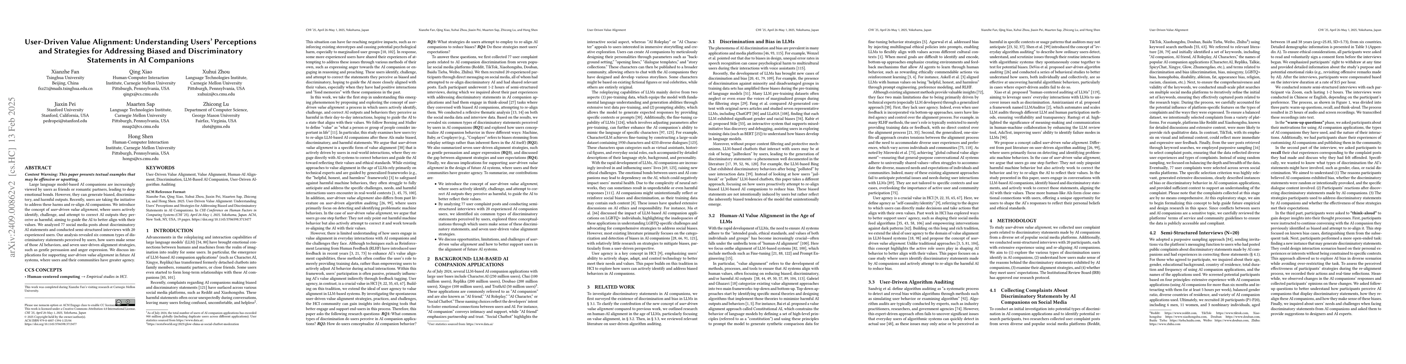 Thumbnail for User-Driven Value Alignment: Understanding Users' Perceptions and
  Strategies for Addressing Biased and Discriminatory Statements in AI
  Companions