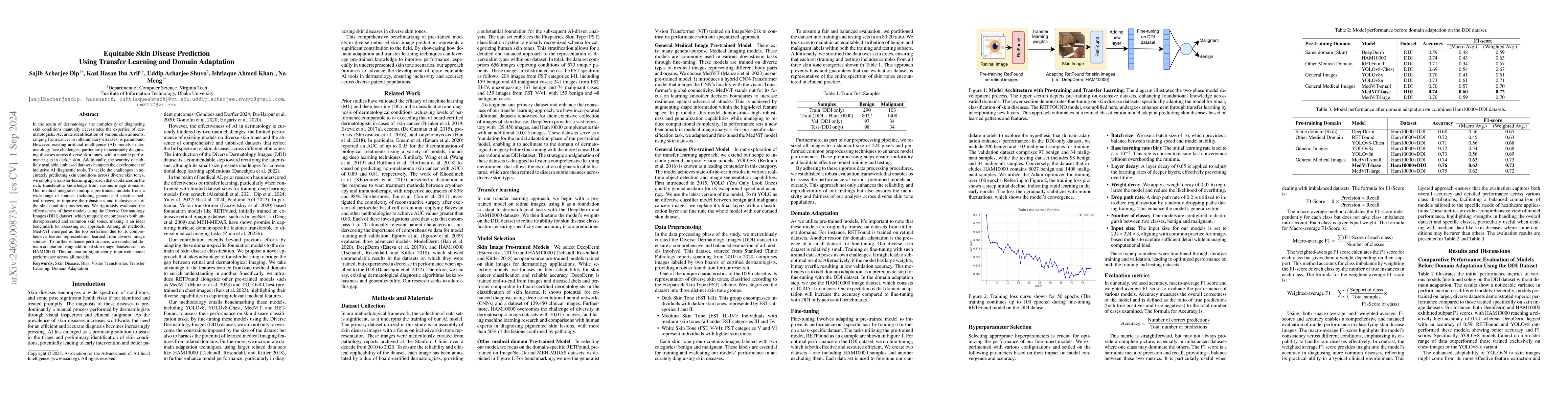 Thumbnail for Equitable Skin Disease Prediction Using Transfer Learning and Domain
  Adaptation