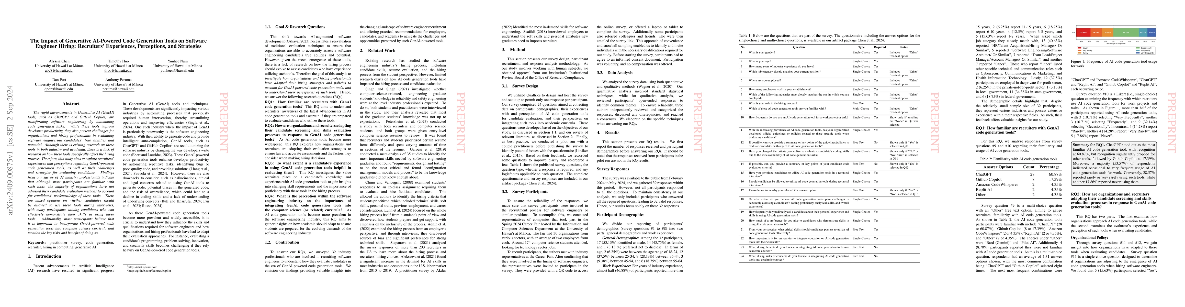 Thumbnail for The Impact of Generative AI-Powered Code Generation Tools on Software
  Engineer Hiring: Recruiters' Experiences, Perceptions, and Strategies