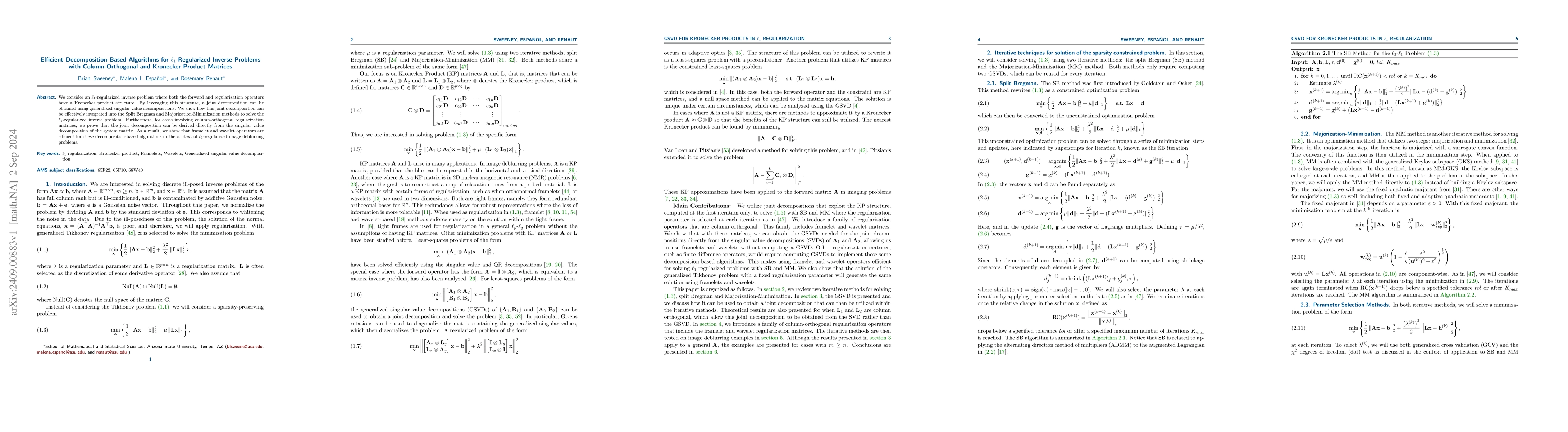 Thumbnail for Efficient Decomposition-Based Algorithms for $\ell_1$-Regularized
  Inverse Problems with Column-Orthogonal and Kronecker Product Matrices