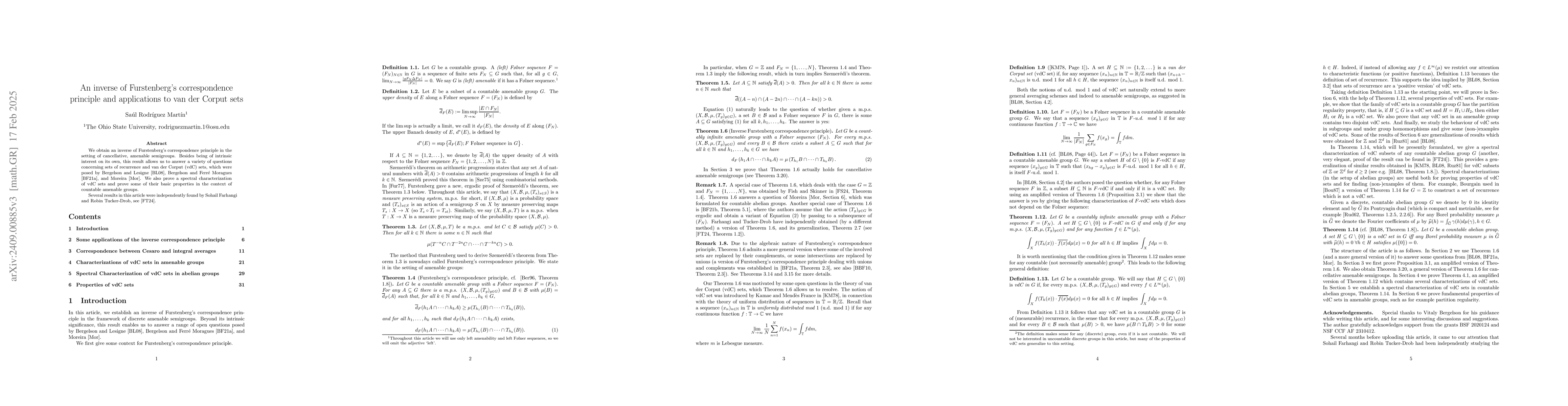 Thumbnail for An inverse of Furstenberg's correspondence principle and applications to
  van der Corput sets