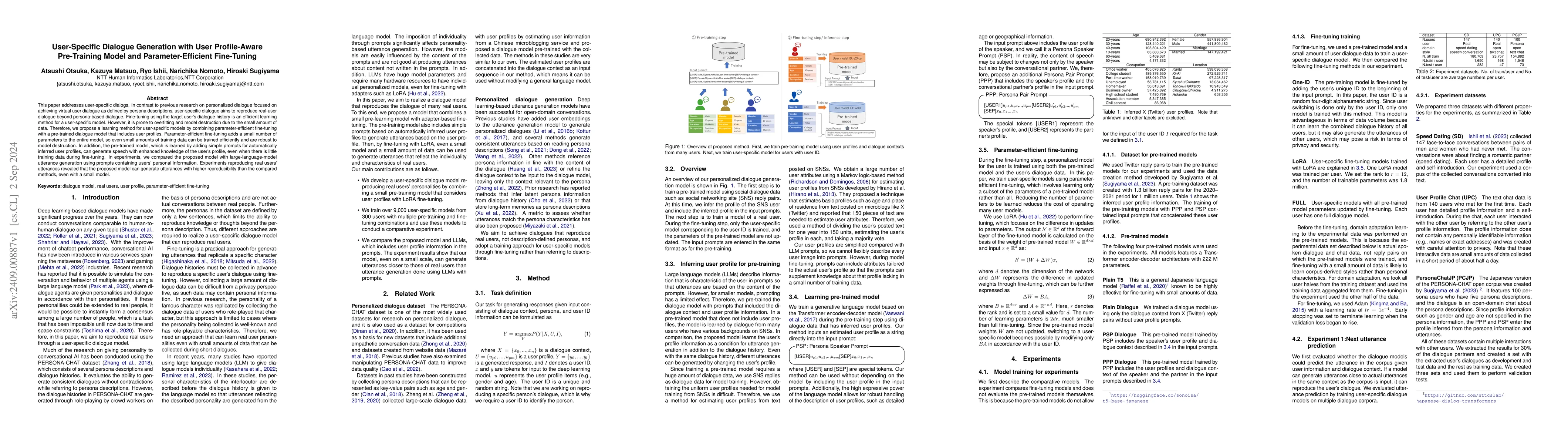 Thumbnail for User-Specific Dialogue Generation with User Profile-Aware Pre-Training
  Model and Parameter-Efficient Fine-Tuning
