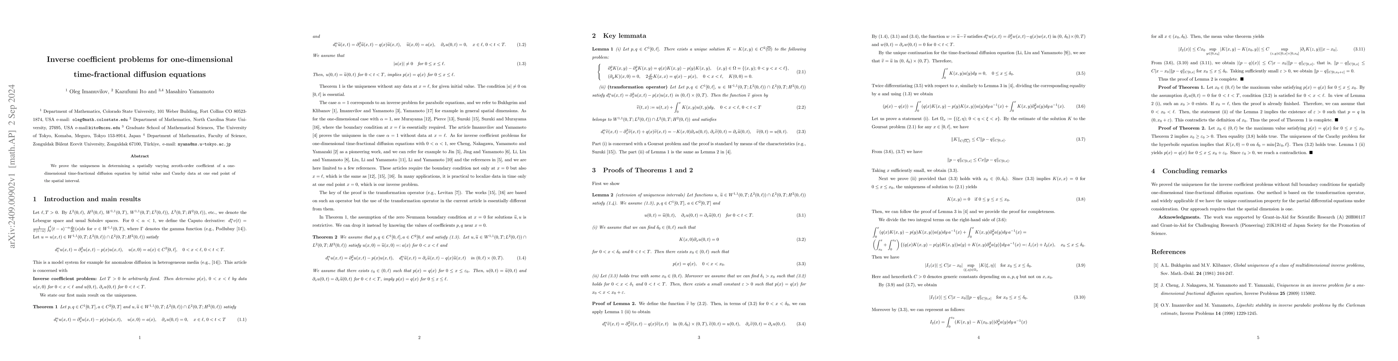 Thumbnail for Inverse coefficient problems for one-dimensional time-fractional
  diffusion equations