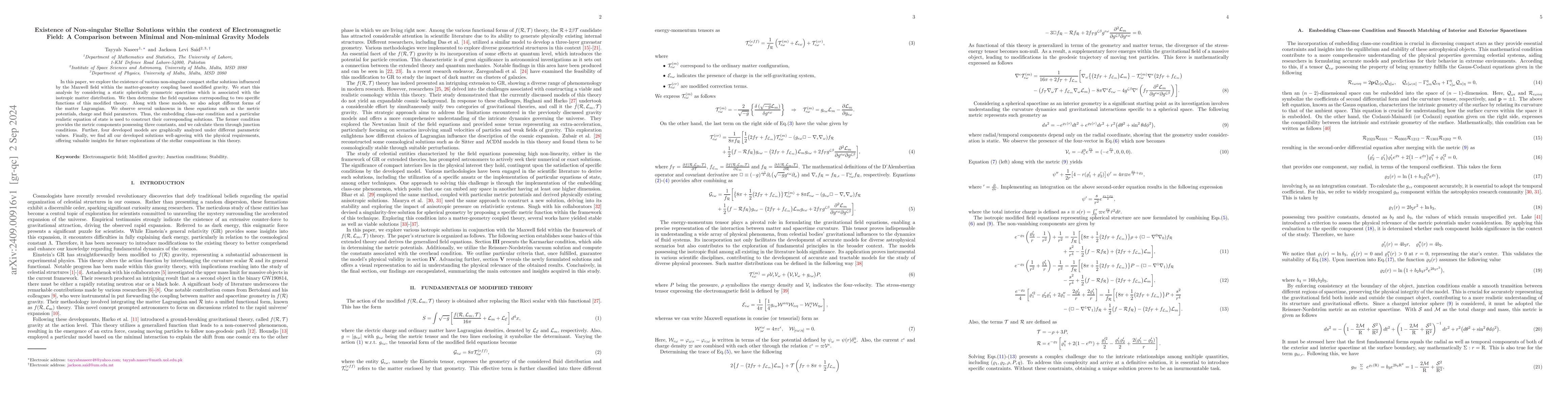 Thumbnail for Existence of Non-singular Stellar Solutions within the context of
  Electromagnetic Field: A Comparison between Minimal and Non-minimal Gravity
  Models