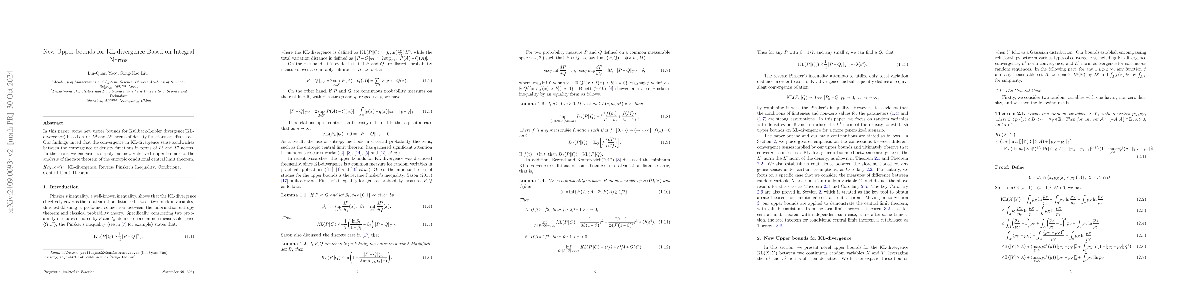 Thumbnail for New Upper bounds for KL-divergence Based on Integral Norms