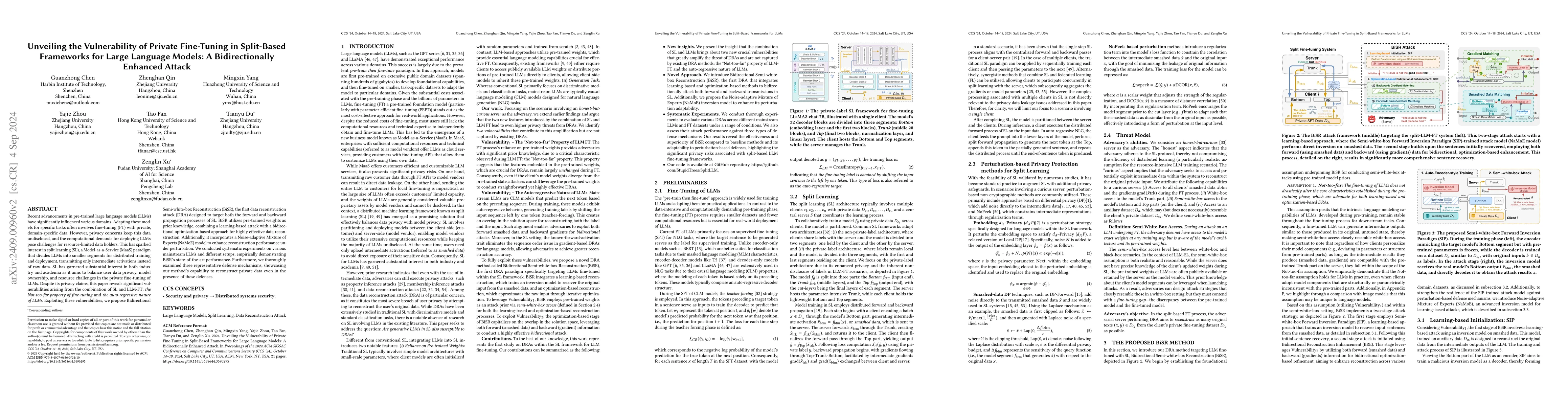 Thumbnail for Unveiling the Vulnerability of Private Fine-Tuning in Split-Based
  Frameworks for Large Language Models: A Bidirectionally Enhanced Attack