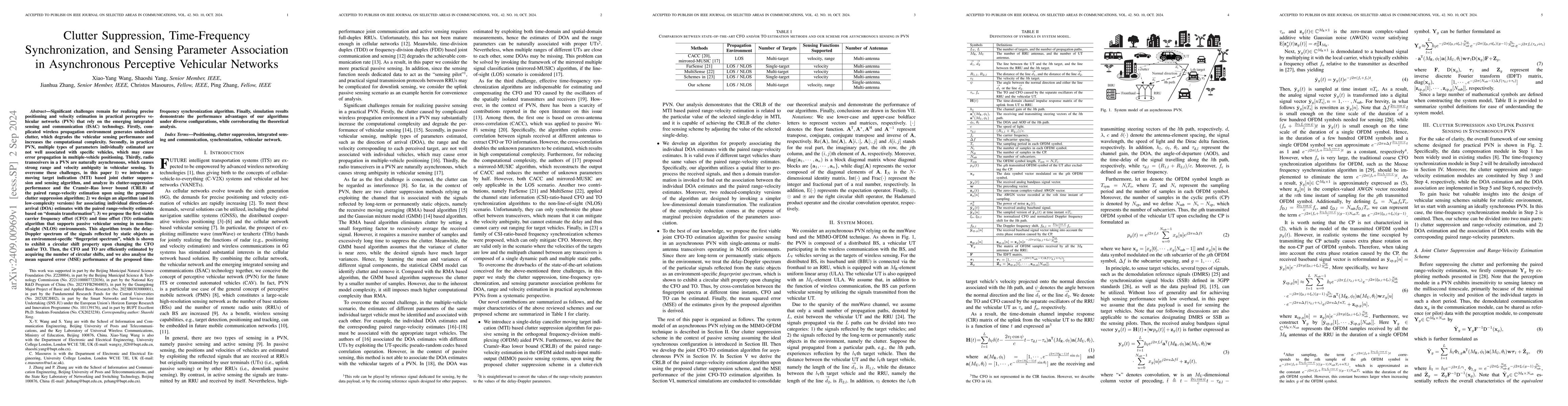 Thumbnail for Clutter Suppression, Time-Frequency Synchronization, and Sensing
  Parameter Association in Asynchronous Perceptive Vehicular Networks