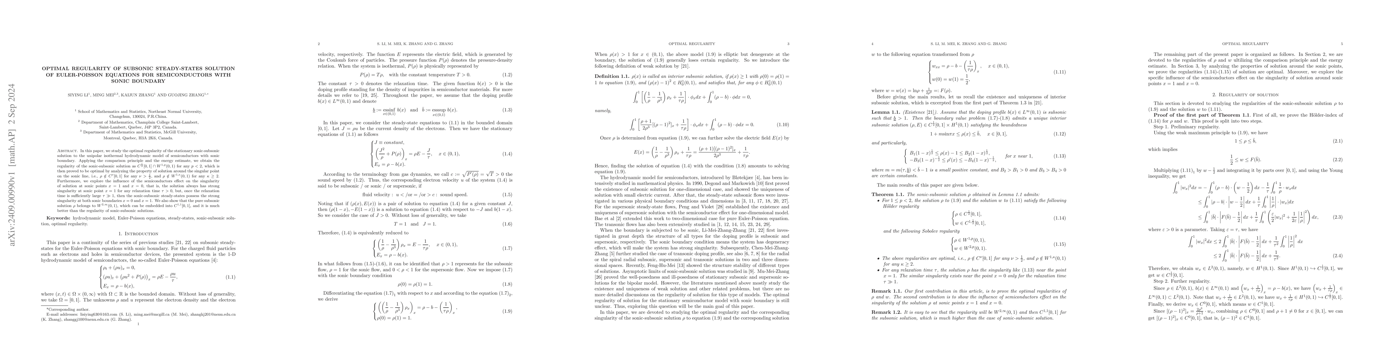 Thumbnail for Optimal regularity of subsonic steady-states solution of Euler-Poisson
  equations for semiconductors with sonic boundary