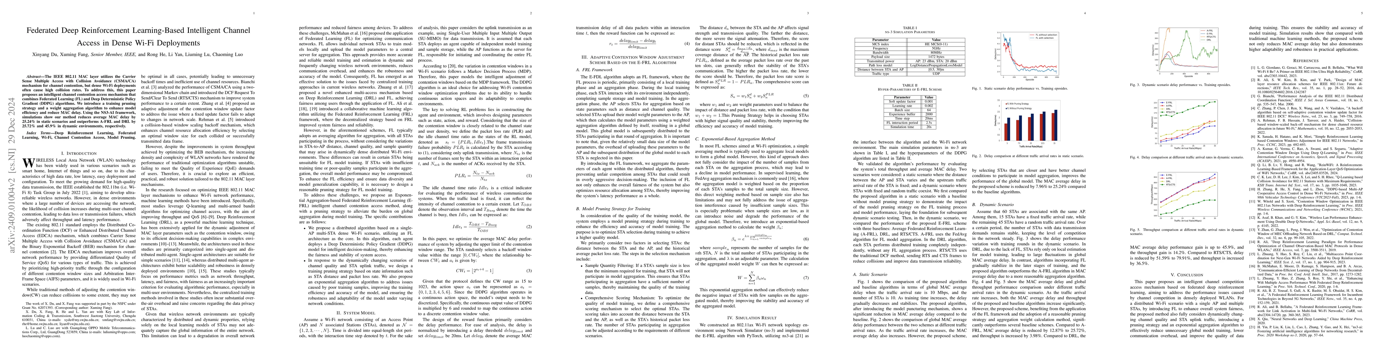 Thumbnail for Federated Deep Reinforcement Learning-Based Intelligent Channel Access
  in Dense Wi-Fi Deployments