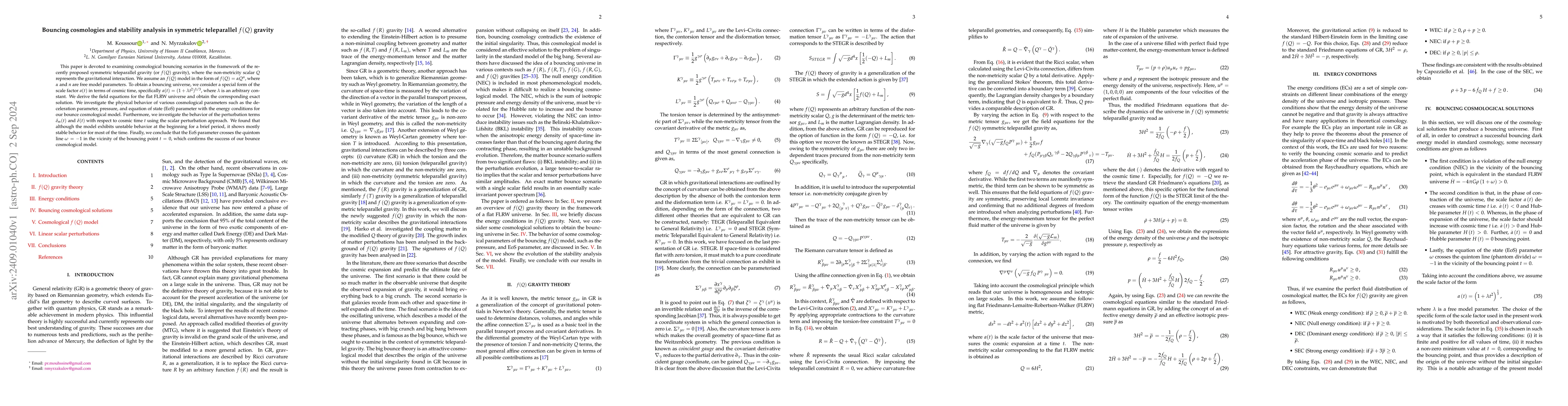 Thumbnail for Bouncing cosmologies and stability analysis in symmetric teleparallel
  $f(Q)$ gravity