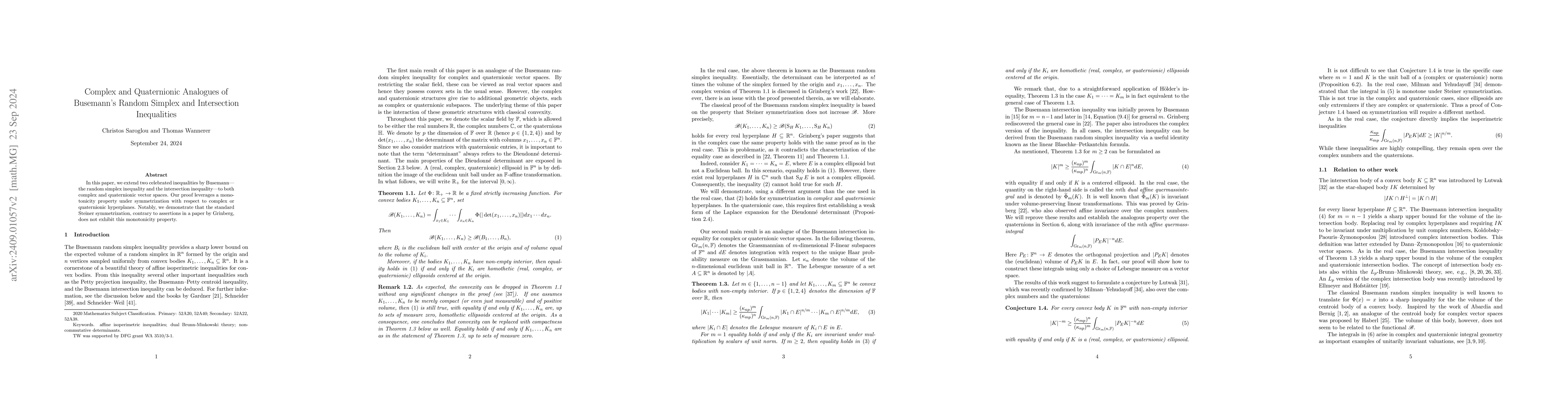Thumbnail for Complex and Quaternionic Analogues of Busemann's Random Simplex and
  Intersection Inequalities
