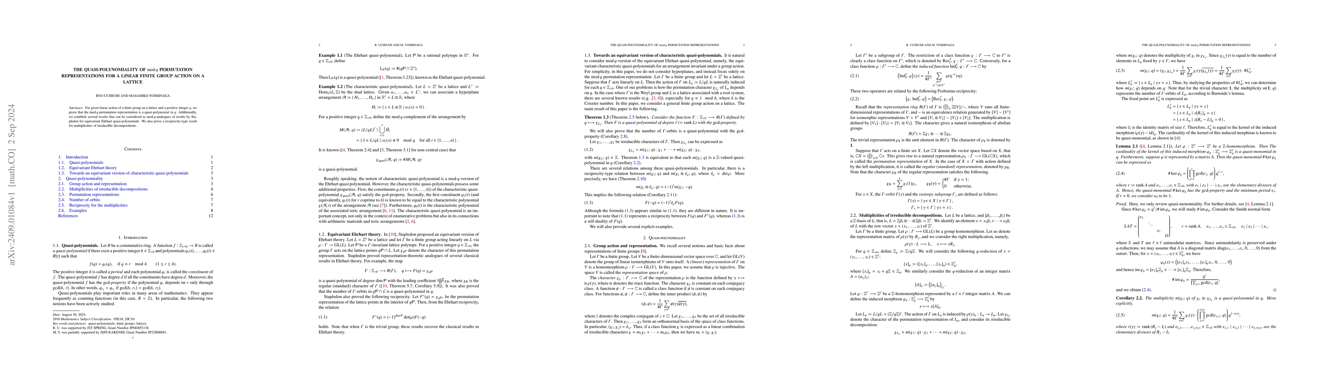 Thumbnail for The quasi-polynomiality of mod q permutation representation for a linear
  finite group action on a lattice