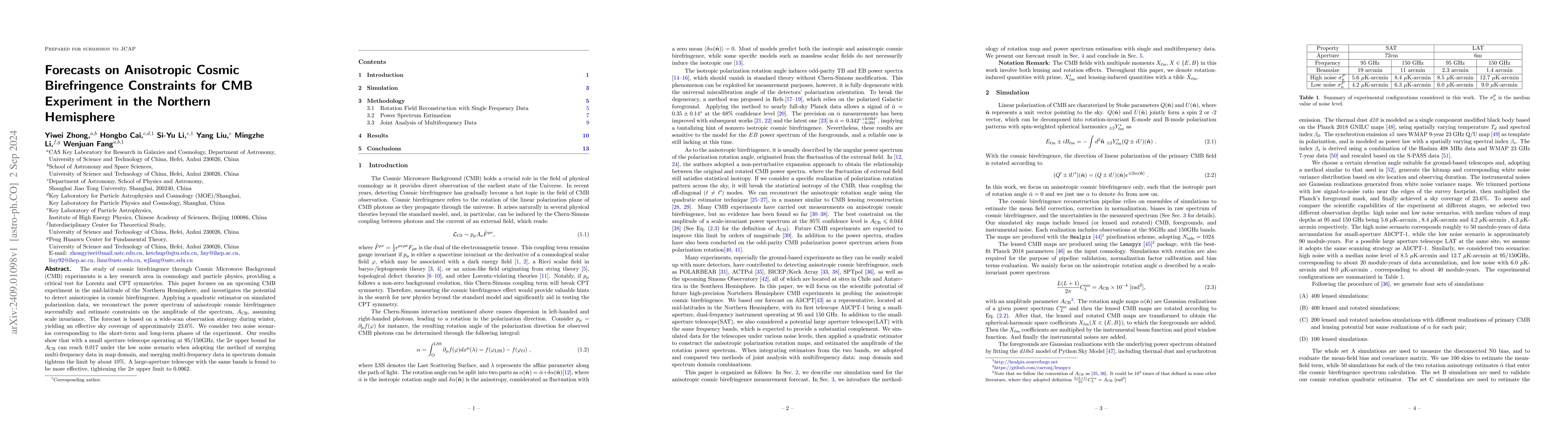 Thumbnail for Forecasts on Anisotropic Cosmic Birefringence Constraints for CMB
  Experiment in the Northern Hemisphere