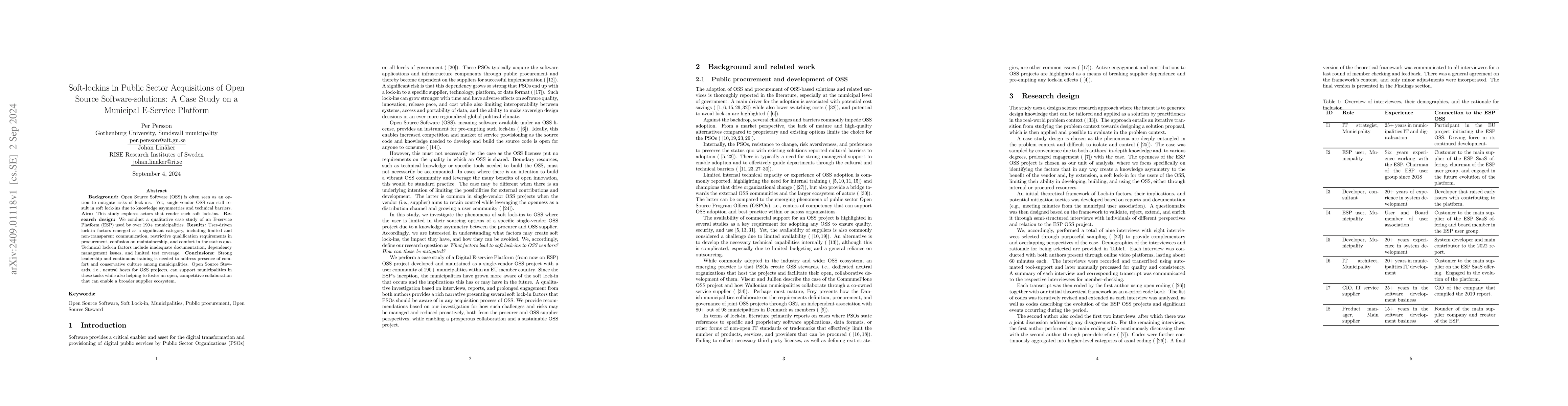 Thumbnail for Soft-lockins in Public Sector Acquisitions of Open Source
  Software-solutions: A Case Study on a Municipal E-Service Platform