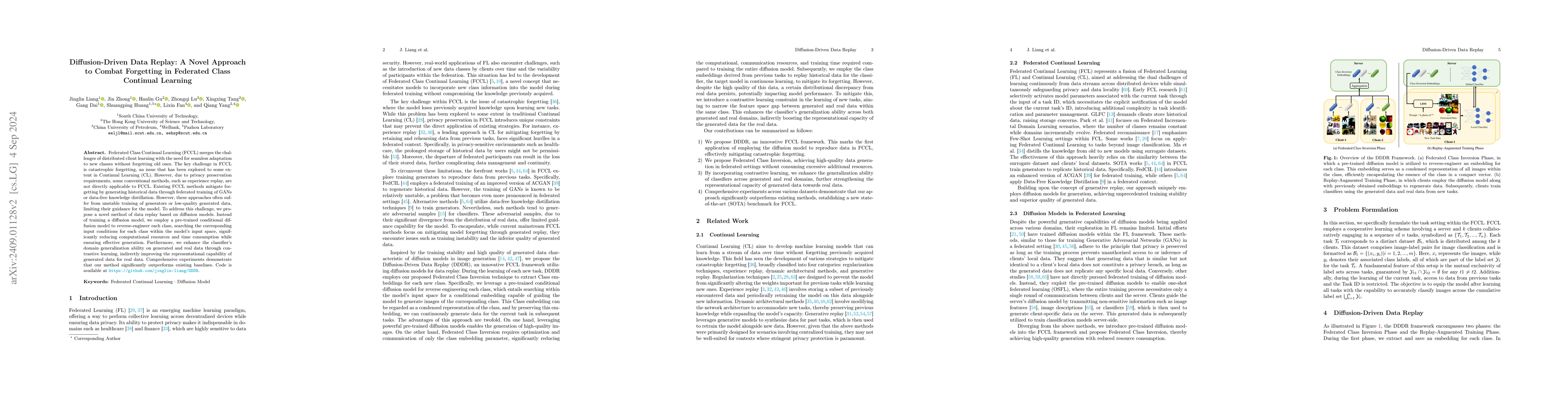 Thumbnail for Diffusion-Driven Data Replay: A Novel Approach to Combat Forgetting in
  Federated Class Continual Learning