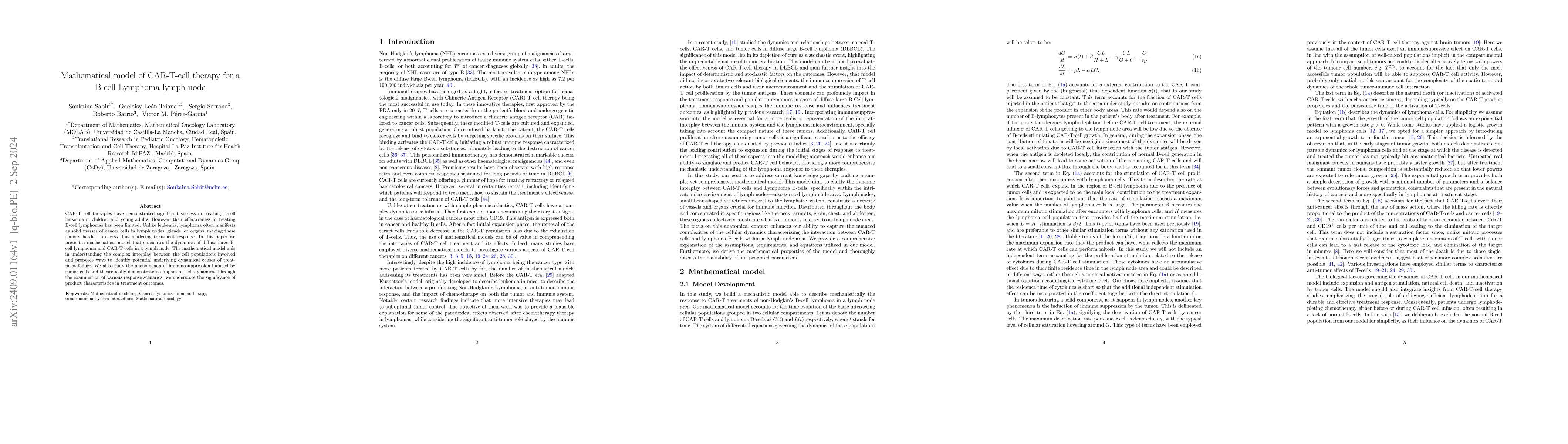 Thumbnail for Mathematical model of CAR-T-cell therapy for a B-cell Lymphoma lymph
  node