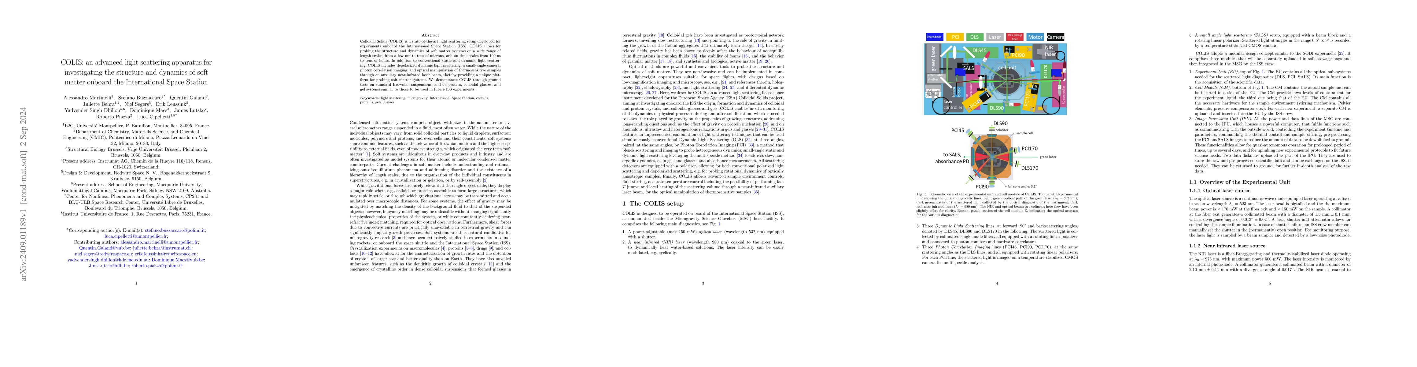 Thumbnail for COLIS: an advanced light scattering apparatus for investigating the
  structure and dynamics of soft matter onboard the International Space Station