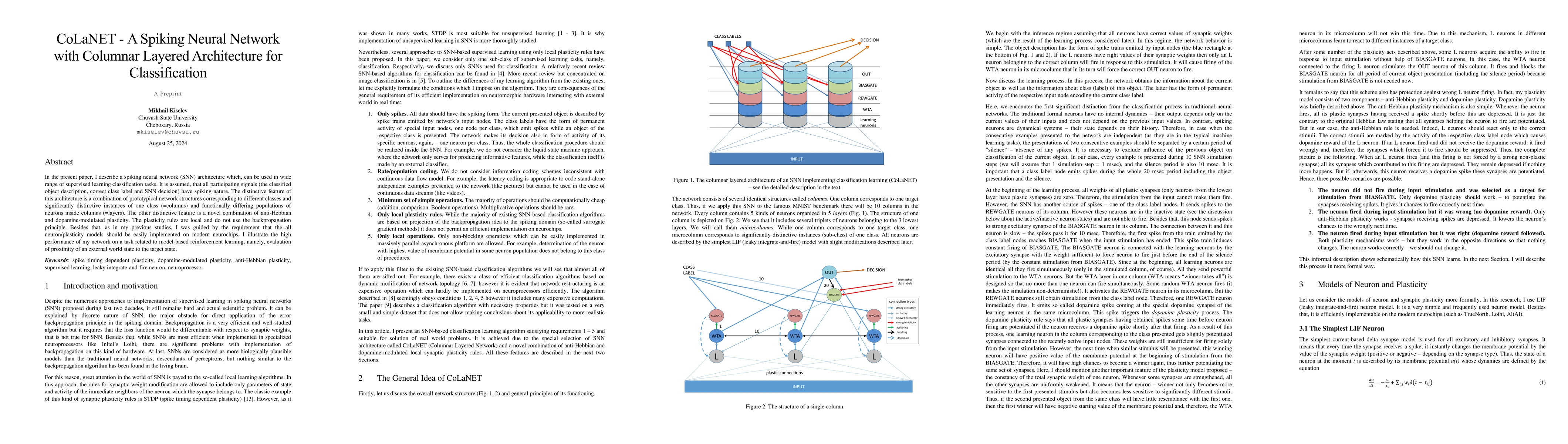Thumbnail for CoLaNET -- A Spiking Neural Network with Columnar Layered Architecture
  for Classification