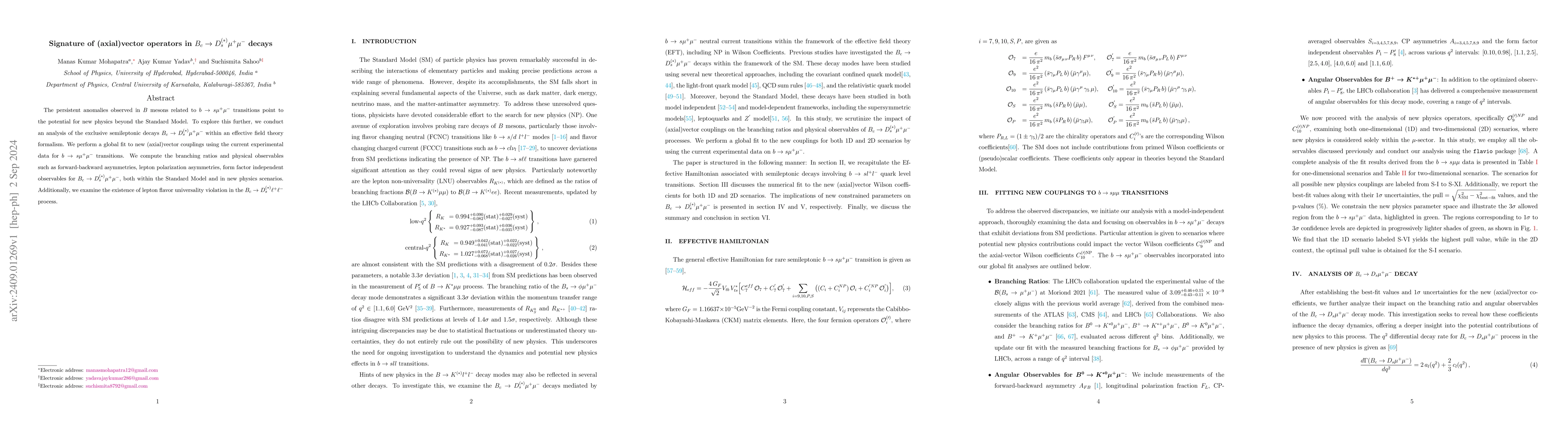 Thumbnail for Signature of (axial)vector operators in $B_c\to D_s^{(*)} μ^+ μ^-$
  decays