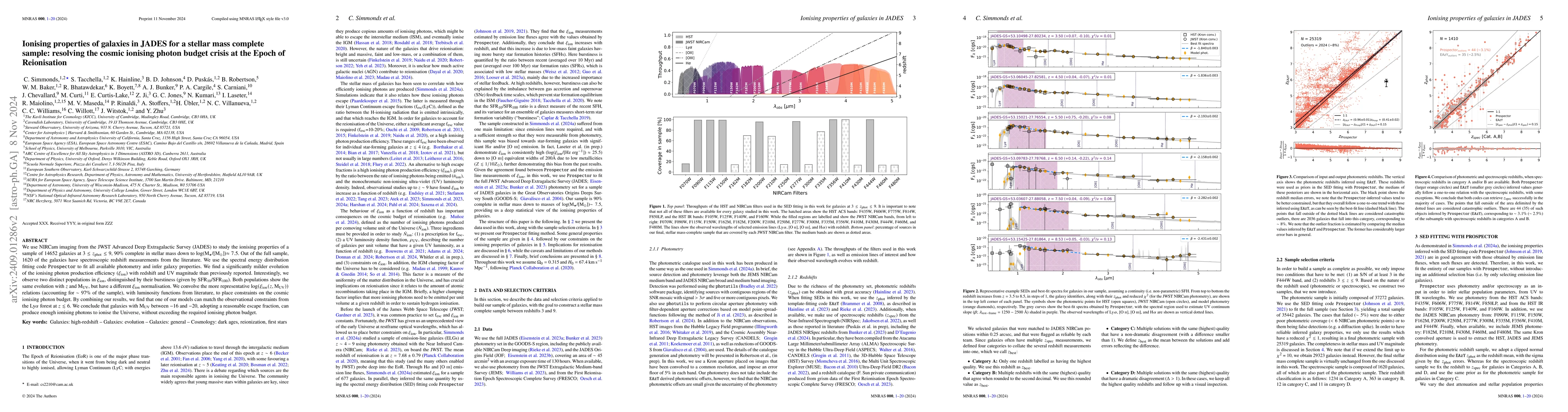 Thumbnail for Ionising properties of galaxies in JADES for a stellar mass complete
  sample: resolving the cosmic ionising photon budget crisis at the Epoch of
  Reionisation