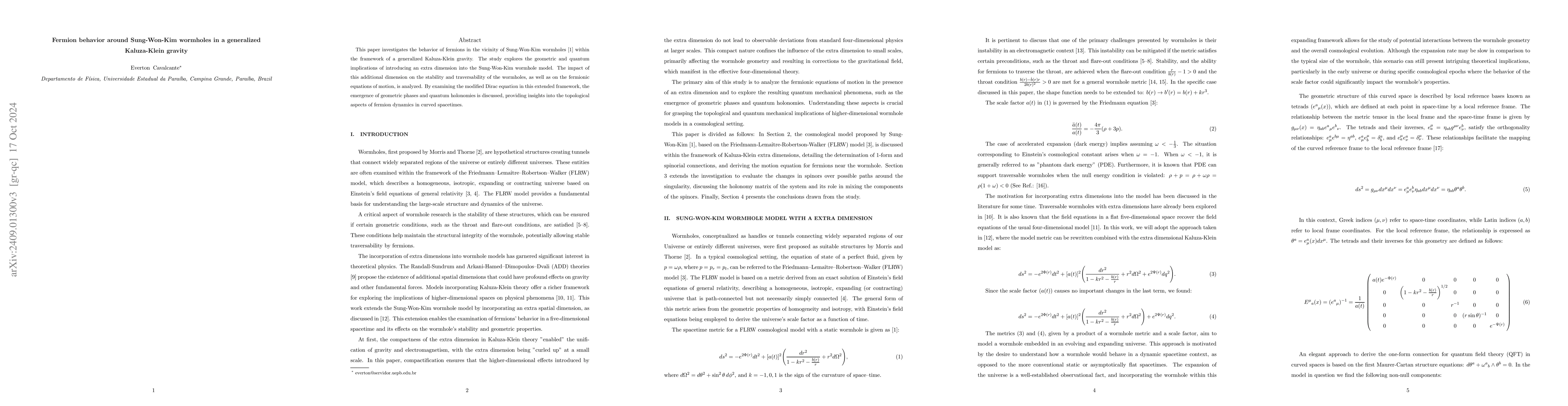 Thumbnail for Fermion behavior around Sung-Won-Kim wormholes in a generalized
  Kaluza-Klein gravity