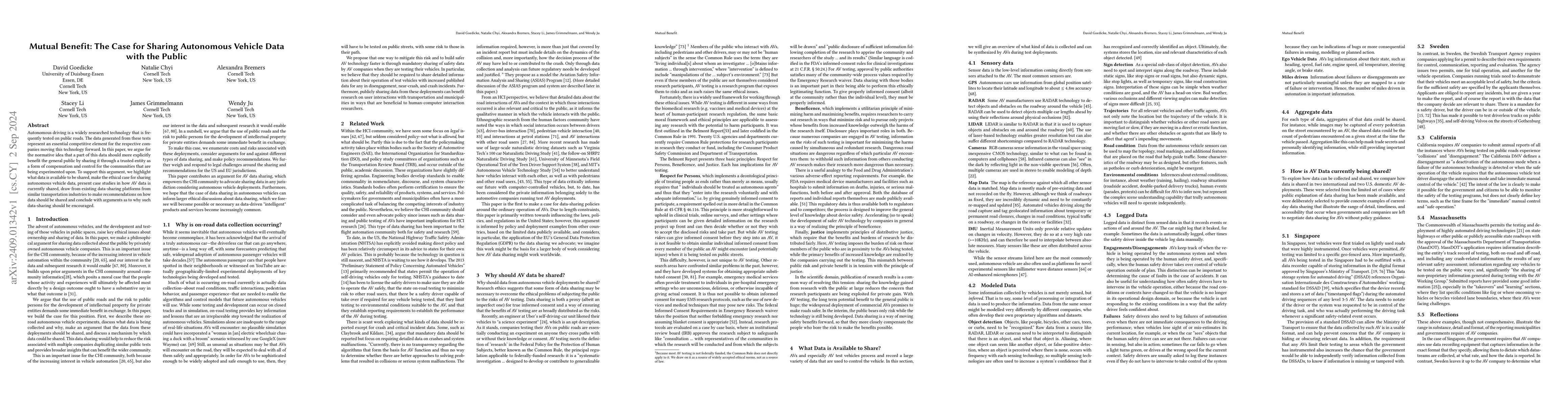 Thumbnail for Mutual Benefit: The Case for Sharing Autonomous Vehicle Data with the
  Public