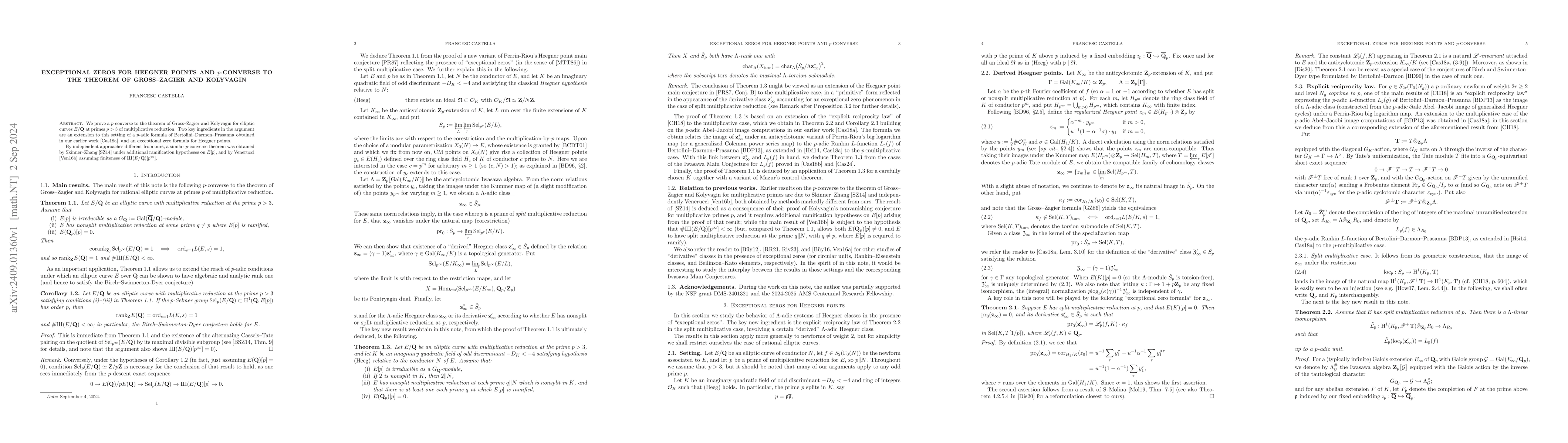 Thumbnail for Exceptional zeros for Heegner points and $p$-converse to the theorem of
  Gross-Zagier and Kolyvagin