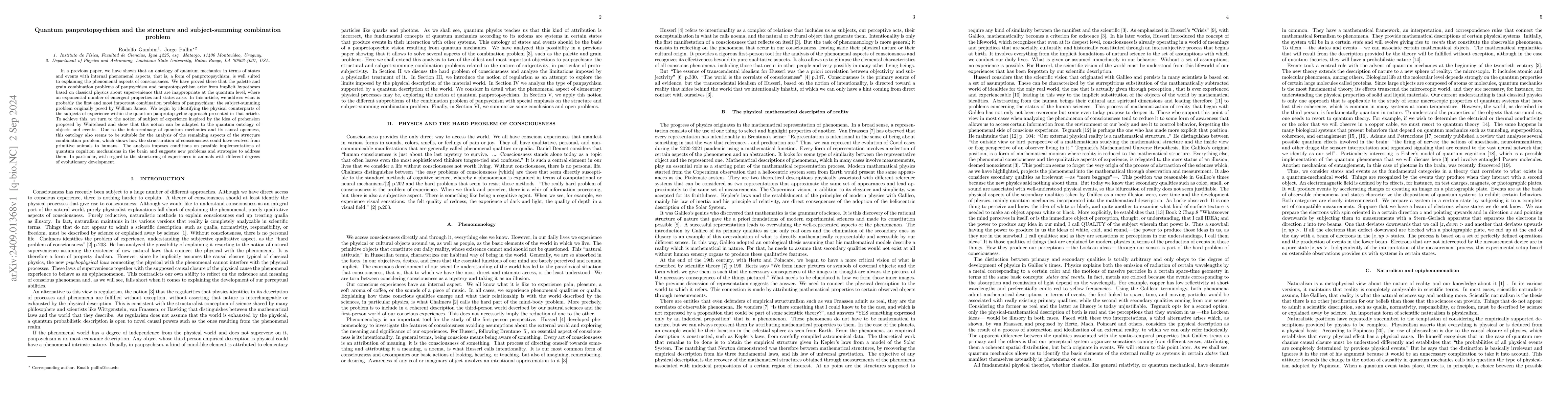 Thumbnail for Quantum panprotopsychism and the structure and subject-summing
  combination problem