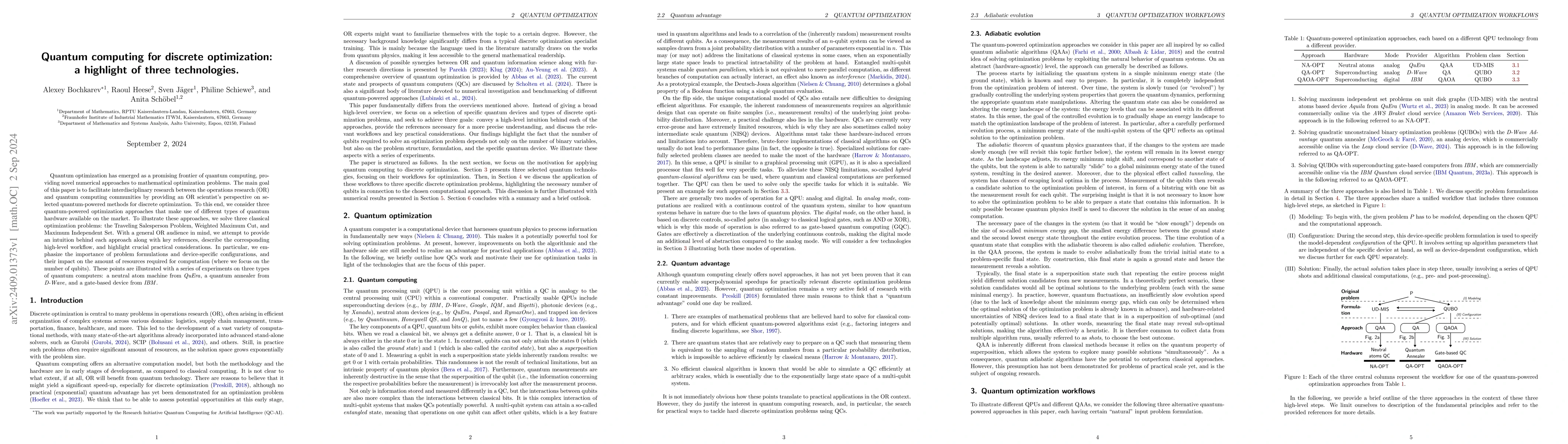 Thumbnail for Quantum Computing for Discrete Optimization: A Highlight of Three
  Technologies