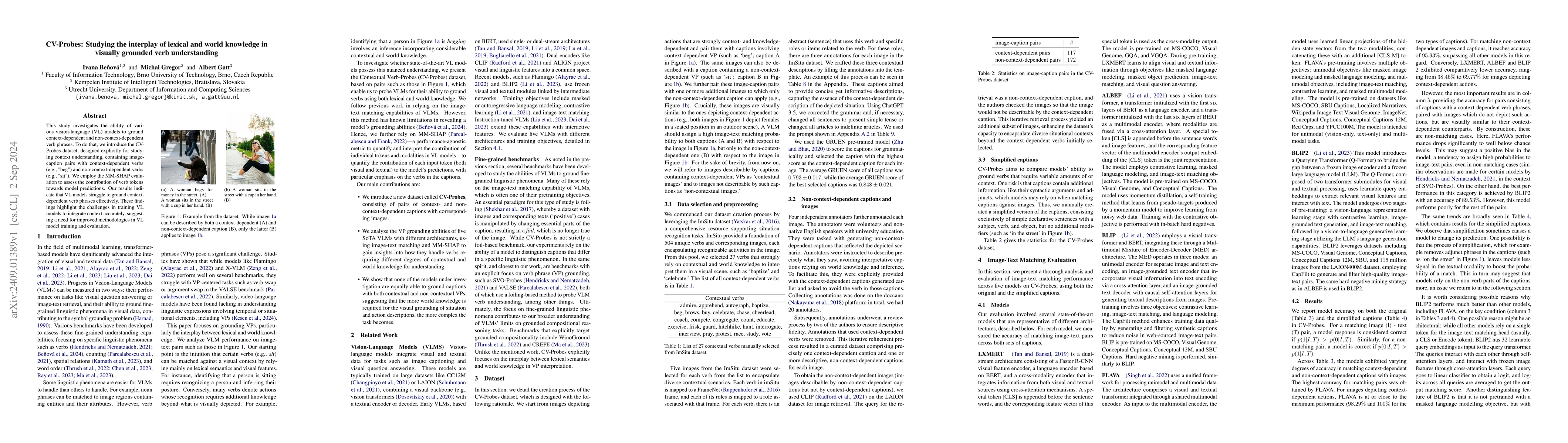 Thumbnail for CV-Probes: Studying the interplay of lexical and world knowledge in
  visually grounded verb understanding