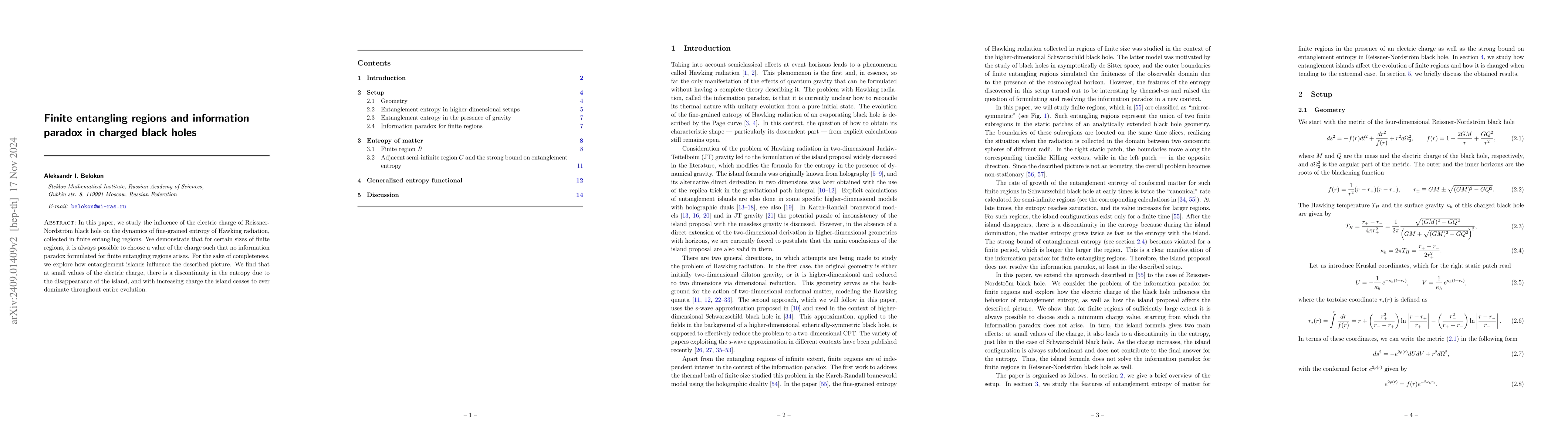Thumbnail for Finite entangling regions and information paradox in charged black holes