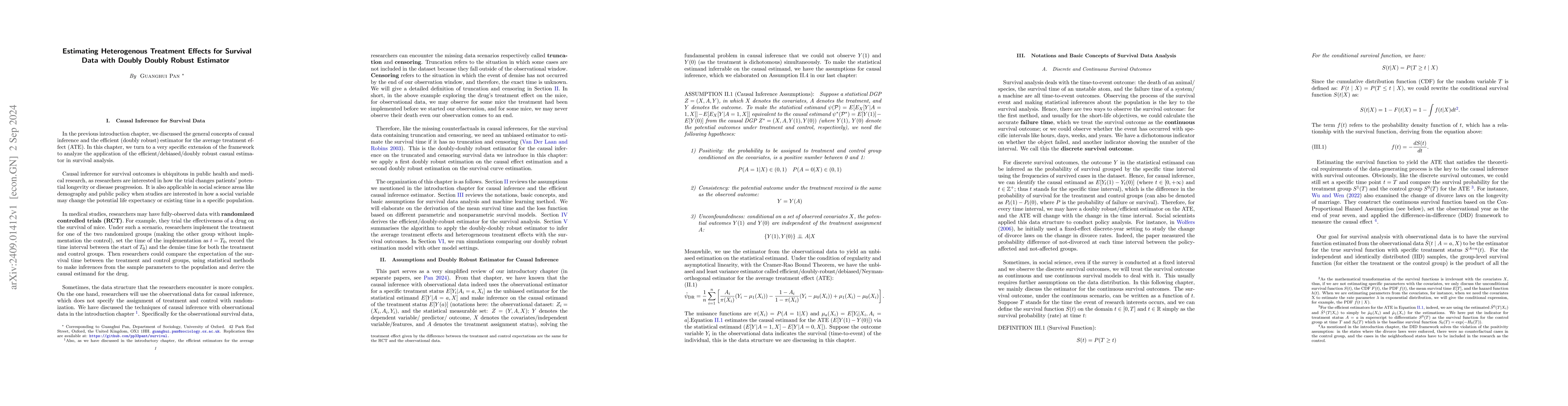 Thumbnail for Estimating Heterogenous Treatment Effects for Survival Data with Doubly
  Doubly Robust Estimator