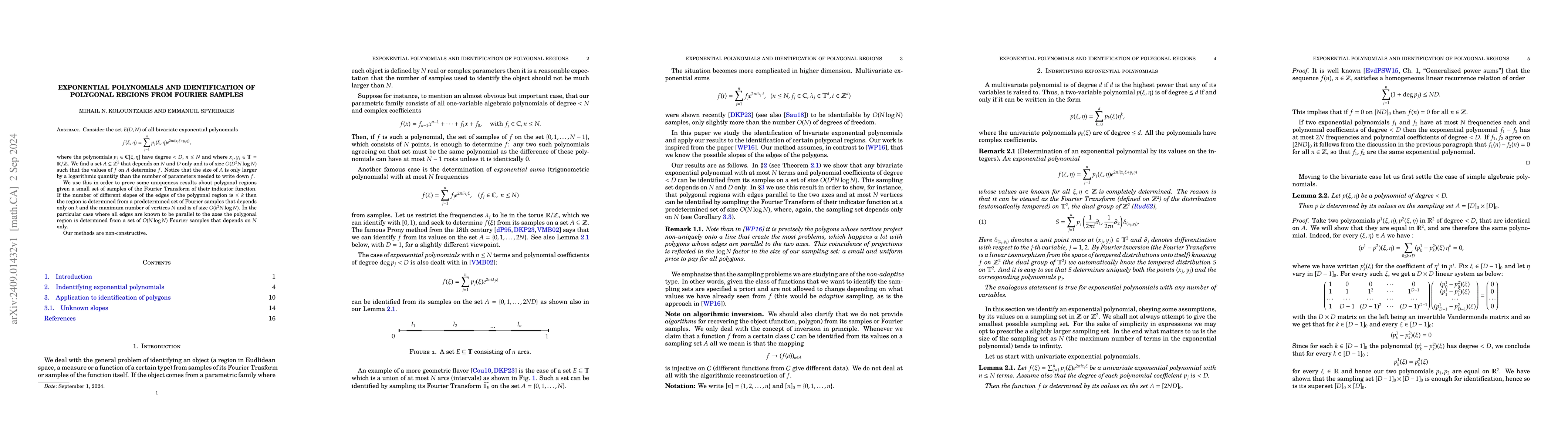 Thumbnail for Exponential polynomials and identification of polygonal regions from
  Fourier samples